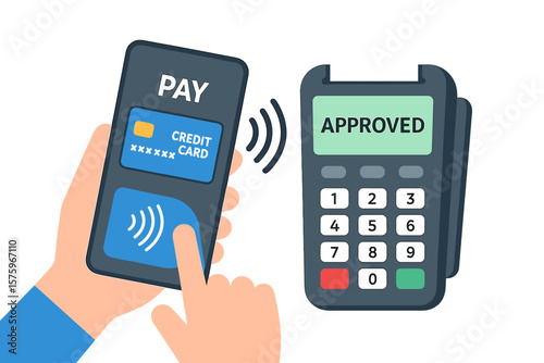 Contactless mobile payment with smartphone and credit card. NFC wireless transaction at POS terminal. Electronic wallet approval. Secure digital shopping finance technology