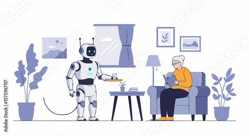 Robot butler serving a drink to an elderly woman reading a book in a cozy living room setting