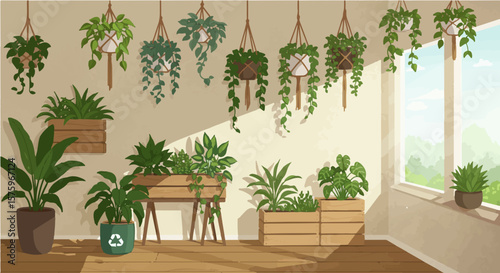 Indoor garden scene with hanging plants and potted greenery near a bright window showing nature view