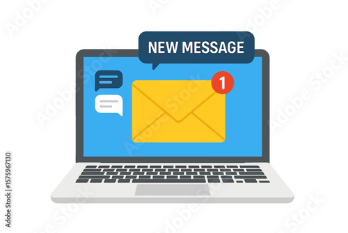 Laptop screen with new email message notification icon, unread inbox alert, online chat bubbles, envelope symbol, digital communication, e-mail marketing, internet concept