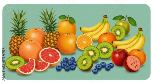Vibrant fruit arrangement on teal background