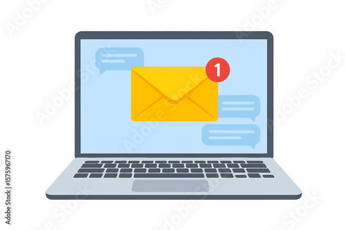 Laptop screen with new email notification, unread message alert, envelope icon, online chat bubbles, inbox communication, e-mail marketing, internet digital correspondence