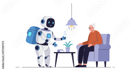 Robot assistant offering help to senior woman sitting in armchair under a hanging lamp in a room setting