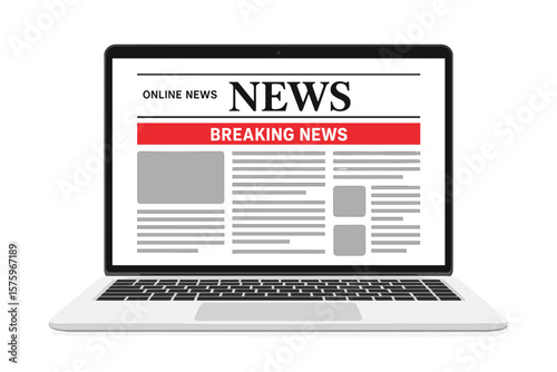 Breaking News Online Newspaper on Laptop Screen. Digital News Portal Interface. Reading Daily Headlines, Latest Updates, Information About Events, Activities, Web News Page