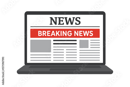 Online Breaking News on Laptop Screen. Digital Newspaper Front Page. Internet News Portal. Computer Display with Headlines, Articles, Updates. Web News Website, Information, Events