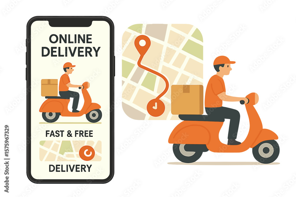 Online delivery service app concept. Courier riding scooter delivers package. Food delivery man. Mobile order tracking, GPS map navigation. Fast, free shipping illustration Online delivery service app concept. Courier riding scooter delivers package. Food delivery man. Mobile order tracking, GPS map navigation. Fast, free shipping illustration