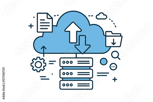 Cloud computing data center vector. Web hosting service, secure database, file management, cloud storage, upload download, data transfer, document backup, technology concept