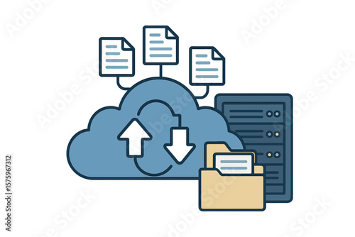 Cloud computing data center with file management, web hosting, document database, cloud storage, upload and download arrows, server, digital data transfer, online backup