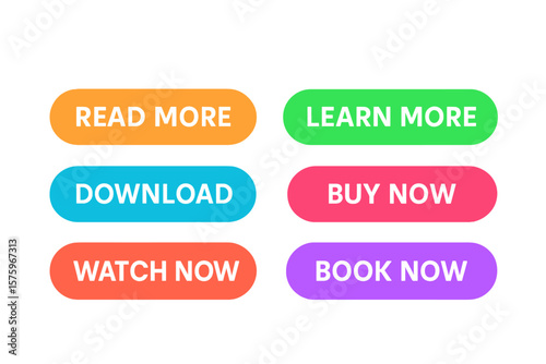 Colorful Modern Flat Call-to-Action Buttons Set – Read More, Learn More, Buy Now, Download, Watch Now, Book Now – Trendy Rounded Design, Transparent Background