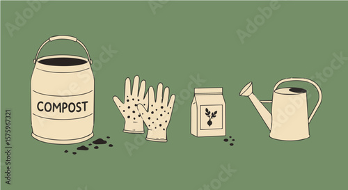 Illustration of gardening tools including a compost bin gloves seed packet and watering can on green ground