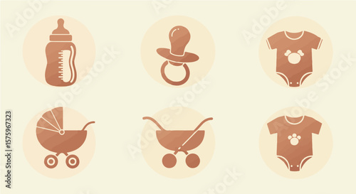 Illustration of baby items including a bottle, pacifier, stroller, and baby clothes in brown color