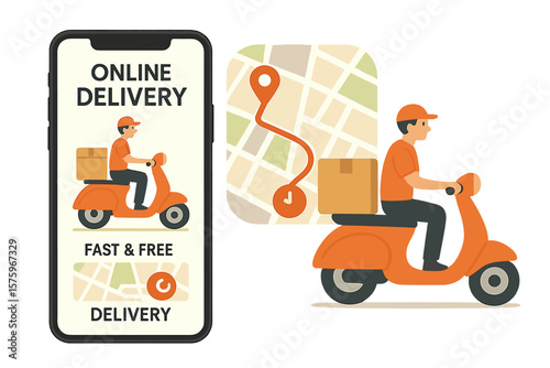 Online delivery service app concept. Courier riding scooter delivers package. Food delivery man. Mobile order tracking, GPS map navigation. Fast, free shipping illustration