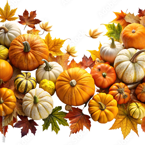 Harvest bounty bountiful border of pumpkins gourds and leaves on transparent or clear surface PNG background