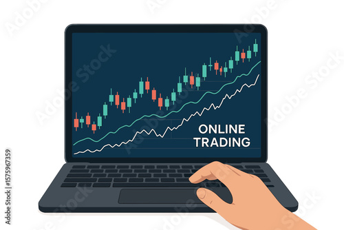 Online trading laptop illustration, stock market investment, candlestick chart, financial strategy, market analysis, digital trading platform, bullish trend, hand using device
