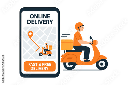 Online delivery service app concept with courier on scooter, package delivery, food order tracking, mobile phone map navigation, fast and free express shipping illustration