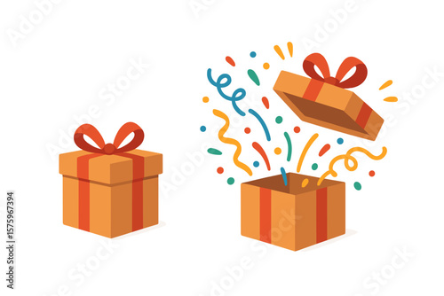Surprise gift box with confetti and ribbons. Open and closed festive present box. Celebration packaging, emotional gift, party decoration, joyful event, holiday surprise concept