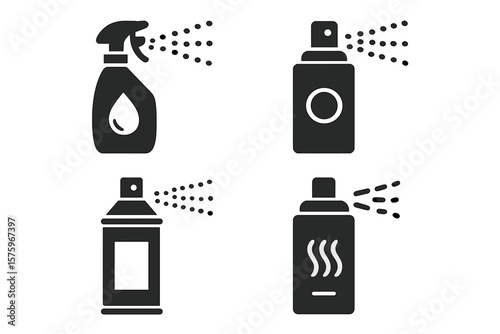 Spray Bottle and Aerosol Can Icon Set. Water, Perfume, Paint, Deodorant Spray Silhouettes. Vector Illustration for Cleaning, Cosmetics, Air Freshener, Household Products, Transparent Background