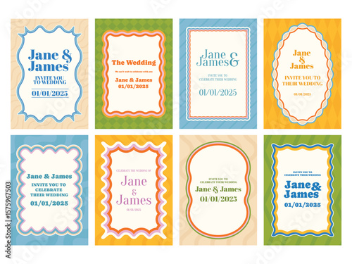 Wavy framed wedding invitation cards. Bridal invite templates with couple names, event dates, and celebratory messages with curly frame borders and pattern backgrounds vector set.