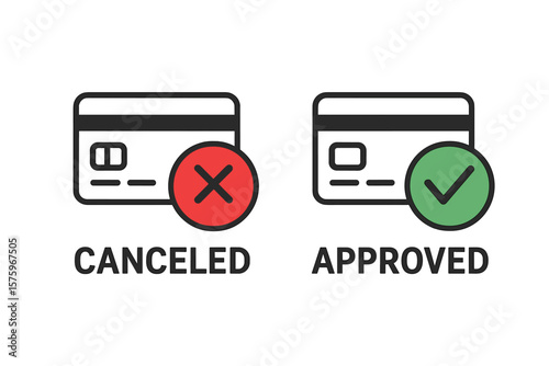 Credit Card Payment Status Icons. Approved and Canceled Transaction Symbols. Green Check Mark and Red Cross for Financial Operations. Vector Illustration Isolated on Transparent Background
