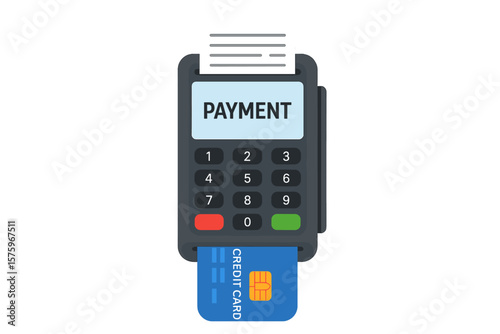 Credit Card Payment POS Terminal Transaction, Inserted Chip Card, Digital Receipt, Secure Electronic Payment, Banking, Finance, Cashless Purchase, Vector Illustration