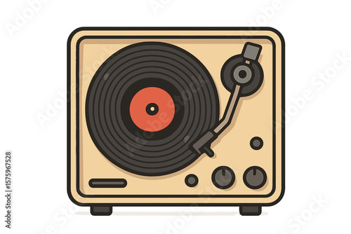 Vintage Turntable Record Player. Retro Vinyl Disc. Classic Music Player. Flat Vector Illustration. Front View. Audio Equipment. Analog Sound. Old School Style. Music Lover Gift. Home Decor