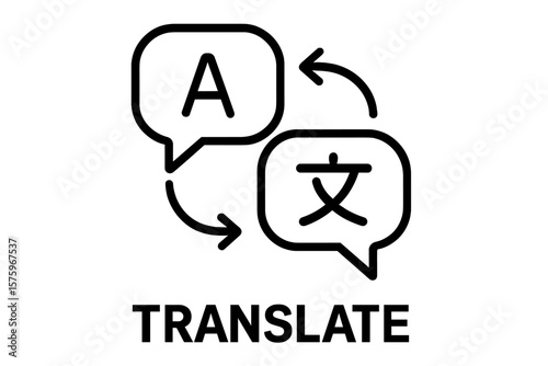 Language Translation Icon Vector. Speech Bubbles with Letter A and Chinese Character. Communication, Multilingual, Interpreter, Globalization, Translate Symbol, Black Line Art, Isolated Illustration