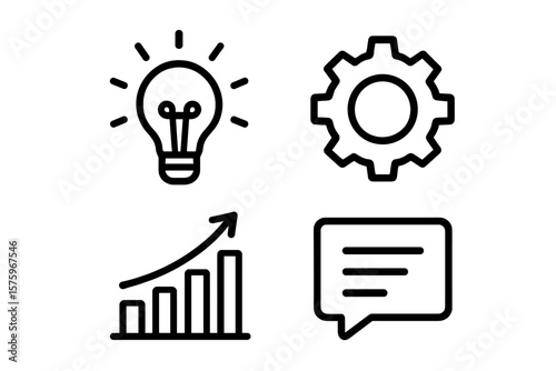 Business Growth and Success Icon Set. Innovation, Solution, Progress, Communication. Thin Line Vector Icons. Light Bulb, Gear, Bar Chart, Speech Bubble. Editable Stroke. Transparent Background.