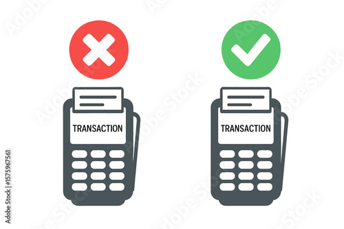 POS Terminal Transaction Approval and Decline Concept. Payment Success and Failure Icons. Credit Card Machine with Check Mark and Cross Symbol. Financial Transaction Status Vector Illustration