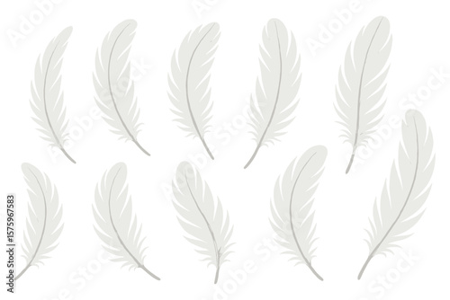 Realistic White Feather Collection. Soft Bird Plume Isolated Set. Elegant Light Feathers. Gentle Nature Symbol. Vector Illustration. Transparent Background. Decorative Design Elements.