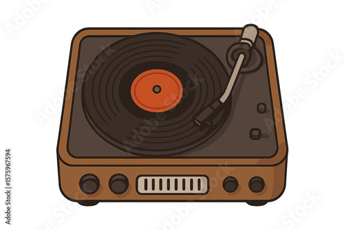 Vintage Turntable Record Player. Retro Vinyl Disc Player. Classic Music Audio Equipment. Front View. Analog Sound System. Old-Fashioned Gramophone. Nostalgic Music Listening. Vector Illustration