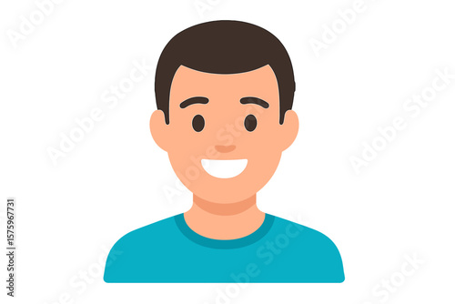 Male Avatar Icon. Flat Vector Illustration of Person with Short Dark Hair, Blue Shirt, Simple Profile Picture, User Account Symbol, Social Media Profile, Minimalist Design, Isolated on White