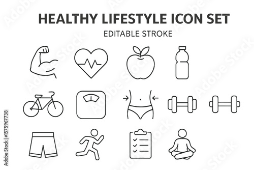 Healthy Lifestyle Icon Set. Fitness, Nutrition, Wellness, Exercise, Meditation, Weight Loss, Cycling, Hydration, Muscle, Heart Health, Checklist. Editable Stroke Vector