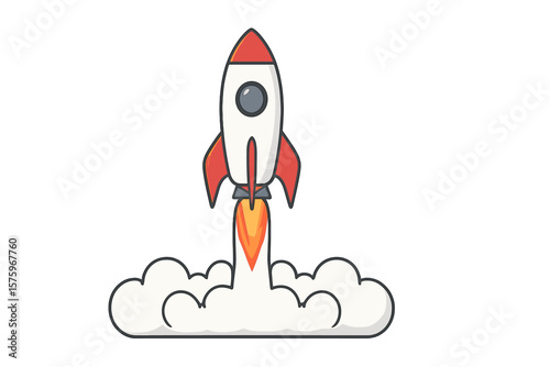Cartoon Rocket Launch Vector Illustration. Space Shuttle Takeoff with Fire and Smoke. Cute Spaceship Blasting Off. Flat Design. Science, Technology, Exploration, Adventure, Future Concept