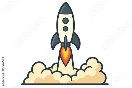 Cartoon Rocket Launch Vector Illustration. Spacecraft Takeoff, Smoke and Fire, Startup Concept, Futuristic Spaceship, Flat Design, Isolated on White Background