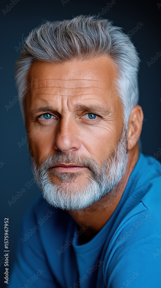 Fototapeta premium Portrait of a mature man with striking blue eyes and silver hair