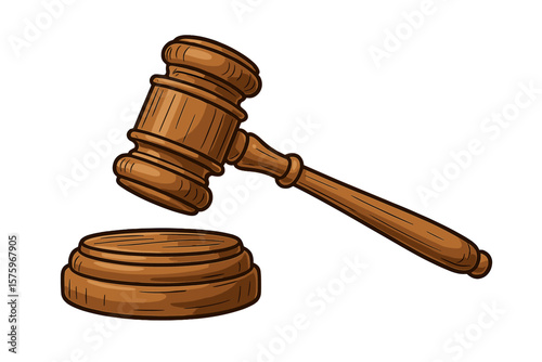 Judge Gavel and Sound Block. Wooden Auction Hammer. Law and Justice Symbol. Courtroom Decision Concept. Legal Authority. Vector Illustration. Isolated on White Background