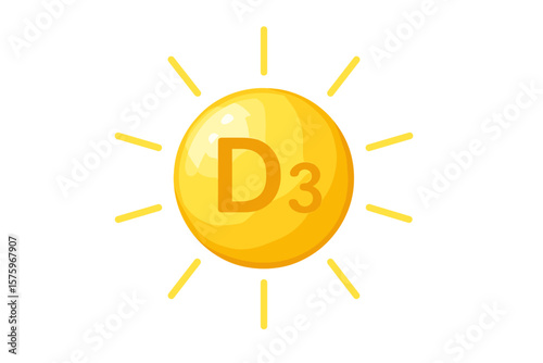 Vitamin D3 Sun Icon, Shining Capsule, Sunshine Symbol, Immunity, Nutrition, Skin Health, Supplement, Pharmacy, Beauty, Wellness, Diet, Vector Illustration