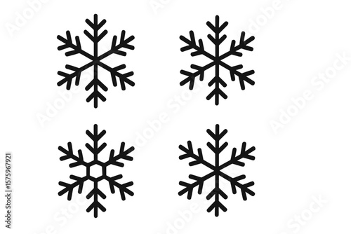 Set of 4 Black Snowflake Vector Icons. Winter Snowflake Silhouette Collection. Christmas Snow Flake Crystal Elements. Minimalist Frost Symbol. Isolated Seasonal Clipart. Cold Weather Decor.