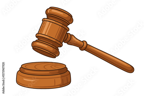 Wooden Judge Gavel and Sound Block. Courtroom Auction Hammer. Legal Justice Symbol. Law, Court, Verdict, Auction, Decision, Authority, Wooden Mallet. Isolated Vector Illustration