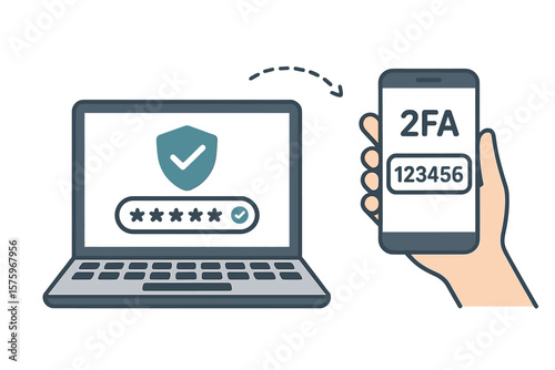 Two factor authentication 2FA concept. User login with password on laptop and verification code from mobile phone. Data protection technology & internet cyber security shield.