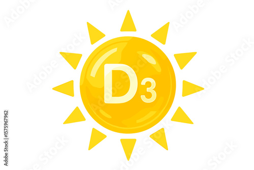 Vitamin D3 Sun Icon, Shining Yellow Capsule, Nutrition, Immunity, Skin Care, Pharmacy, Supplement, Health, Wellness, Diet, Sunshine, Vector Illustration