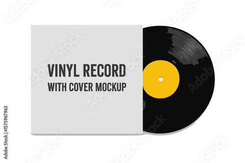 Realistic Vinyl Record Disc with Yellow Label and Blank Cover Mockup, Retro Music Technology, Front View, Disco Party, Vector Illustration, Classic Audio Design