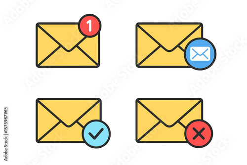 Email Notification Icons Set – New Message, Read, Verified, Spam, Rejected, Envelope Symbols, E-mail Marketing, Office Correspondence