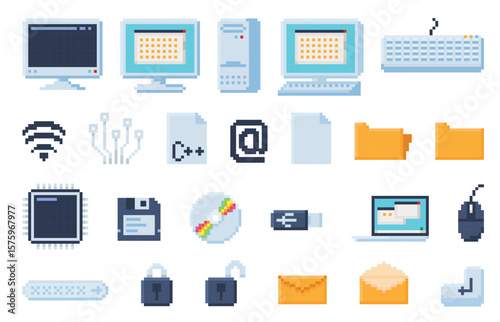 Pixel art computer icons. Tech devices, pixelated computer keyboard and screen, digital file, retro disk, security lock, email, safe and folder symbols. Office equipment 8 bit vector set.