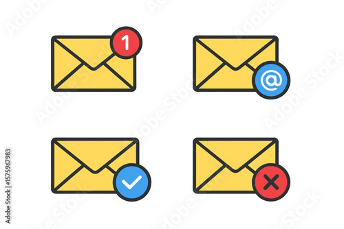 Email Notification Icons Set – New Message, Verified, Spam, Unread, Envelope Symbols for E-mail Marketing, Communication, Office Correspondence