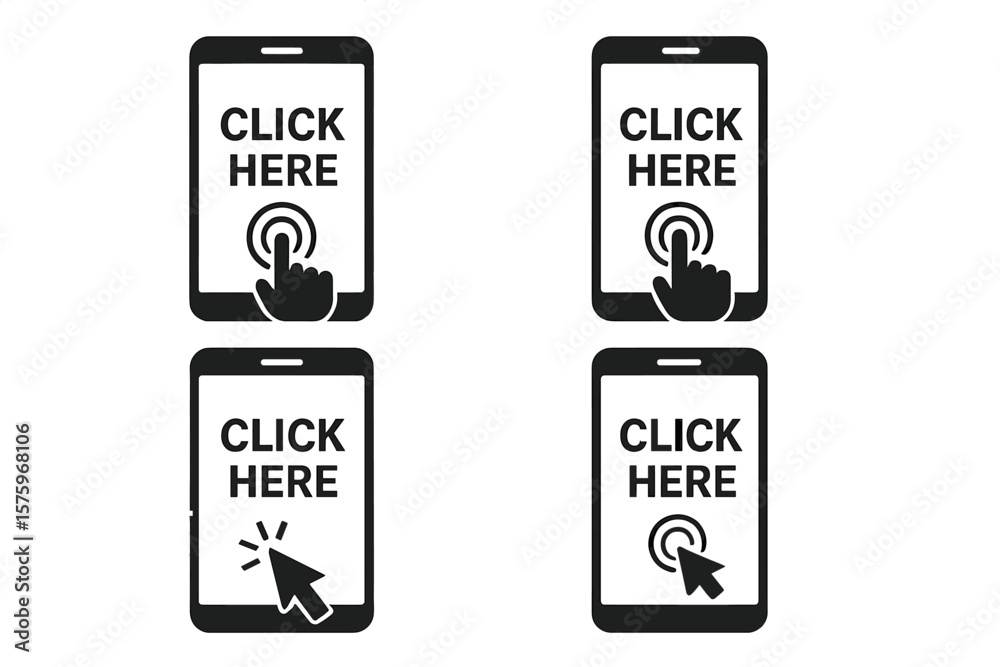 Smartphone touch screen click here button icons set. Mobile device interface with hand tap, finger touch, mouse cursor, click symbol. Web link, call to action vector illustration Smartphone touch screen click here button icons set. Mobile device interface with hand tap, finger touch, mouse cursor, click symbol. Web link, call to action vector illustration