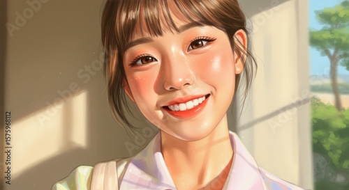 Smiling young woman, digital art, sunny, pastel