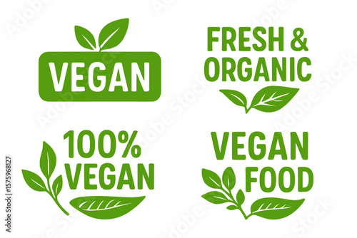 Vegan Labels Set. 100% Vegan, Fresh Organic Food, Plant-Based Emblems. Eco-Friendly Green Badges for Healthy Vegetarian Products, Packaging Stickers, Natural Food Logos