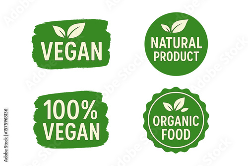 Vegan, Organic, Natural Product Labels Set. 100% Vegan, Healthy Food, Eco Vegetarian, Organic Food, Natural Product Emblems. Green Packaging Stickers, Veganism, Fresh Eco Badges
