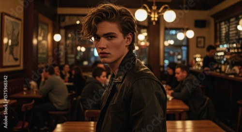 A young man in a leather jacket,  in a dimly lit cafe